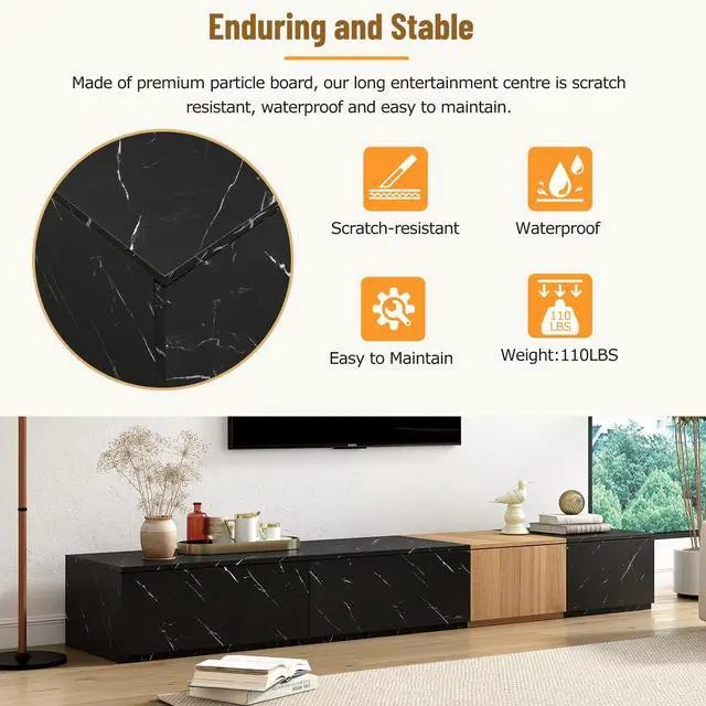 Alt view image 6 of 7 - ON-TREND TV Stand with Faux Marble and Walnut Wood Grain Finish for TVs up to 88'', Modern Free-Combination Entertainment Center with 4 Storage Drawers for Living Room, Black