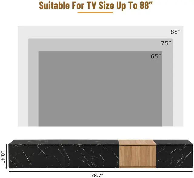 Alt view image 7 of 7 - ON-TREND TV Stand with Faux Marble and Walnut Wood Grain Finish for TVs up to 88'', Modern Free-Combination Entertainment Center with 4 Storage Drawers for Living Room, Black