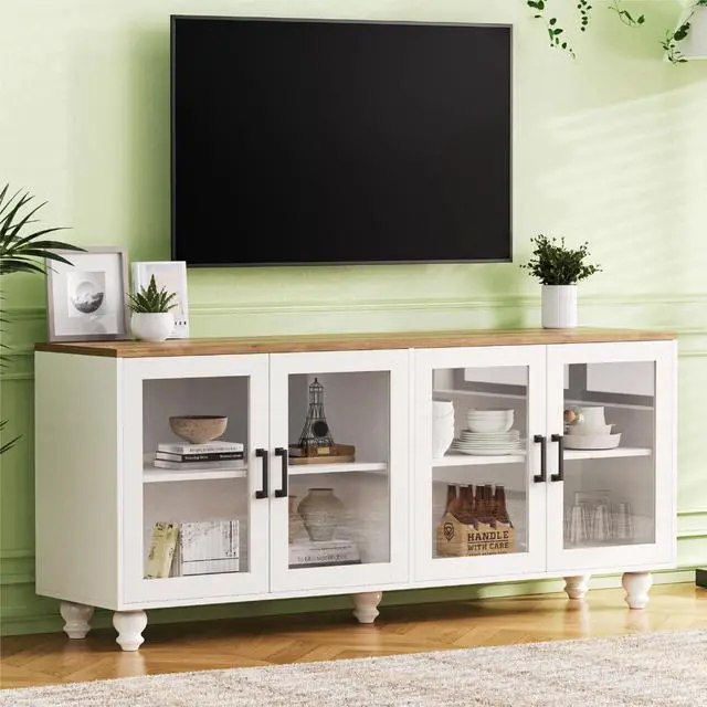 Main image of ON-TREND Farmhouse TV Stand with Tempered Glass Doors for TVs Up to 70", Versatile Sideboard with Adjustable Shelves, Elegant Buffet Cabinet with 5 Solid Wood Gourd-Shaped Legs for Living Room, White
