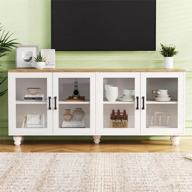 Alt view image 2 of 7 - ON-TREND Farmhouse TV Stand with Tempered Glass Doors for TVs Up to 70", Versatile Sideboard with Adjustable Shelves, Elegant Buffet Cabinet with 5 Solid Wood Gourd-Shaped Legs for Living Room, White