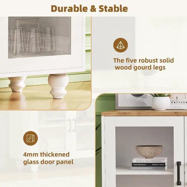Alt view image 5 of 7 - ON-TREND Farmhouse TV Stand with Tempered Glass Doors for TVs Up to 70", Versatile Sideboard with Adjustable Shelves, Elegant Buffet Cabinet with 5 Solid Wood Gourd-Shaped Legs for Living Room, White