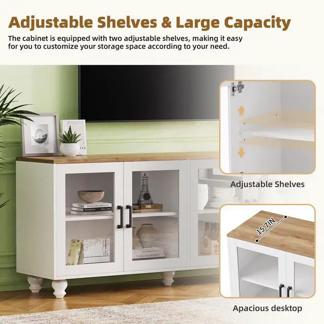 Alt view image 7 of 7 - ON-TREND Farmhouse TV Stand with Tempered Glass Doors for TVs Up to 70", Versatile Sideboard with Adjustable Shelves, Elegant Buffet Cabinet with 5 Solid Wood Gourd-Shaped Legs for Living Room, White