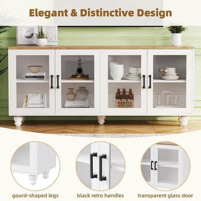 Alt view image 6 of 7 - ON-TREND Farmhouse TV Stand with Tempered Glass Doors for TVs Up to 70", Versatile Sideboard with Adjustable Shelves, Elegant Buffet Cabinet with 5 Solid Wood Gourd-Shaped Legs for Living Room, White