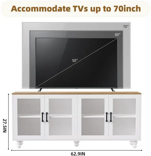Alt view image 4 of 7 - ON-TREND Farmhouse TV Stand with Tempered Glass Doors for TVs Up to 70", Versatile Sideboard with Adjustable Shelves, Elegant Buffet Cabinet with 5 Solid Wood Gourd-Shaped Legs for Living Room, White