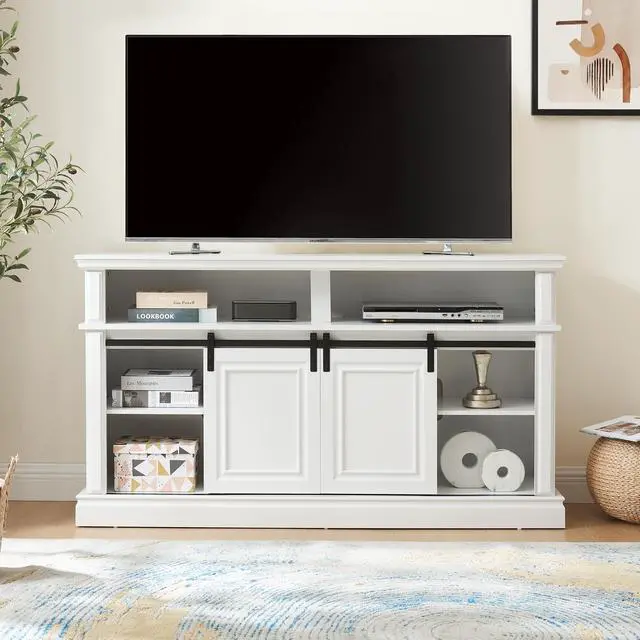 Alt view image 4 of 7 - Media Console Table with Storage Cabinet, Mid Century Modern TV Console with 23" Fireplace Insert, Multipurpose Sliding Door TV Cabinet  Large Storage Space, 58.11"W*15.79"D*32.36"H Antique White