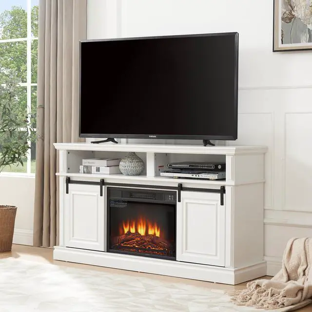 Alt view image 3 of 7 - Media Console Table with Storage Cabinet, Mid Century Modern TV Console with 23" Fireplace Insert, Multipurpose Sliding Door TV Cabinet  Large Storage Space, 58.11"W*15.79"D*32.36"H Antique White