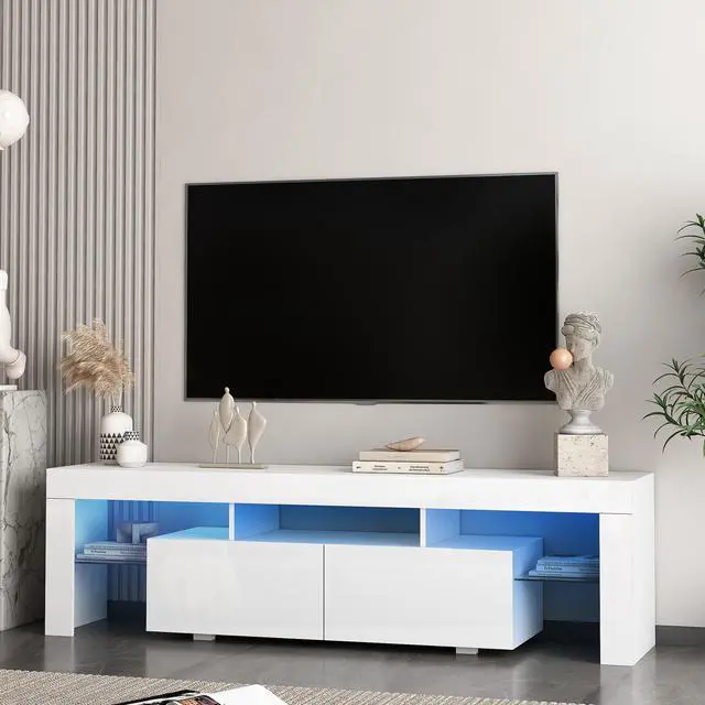 Alt view image 2 of 7 - High gloss TV Stand with LED Lights for TVs up to 65'', Modern TV Console with Storage Cabinets for Living Room