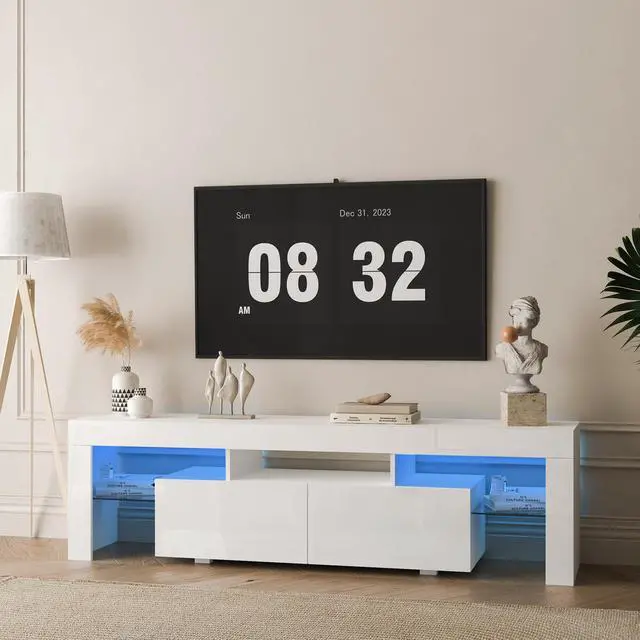 Alt view image 3 of 7 - High gloss TV Stand with LED Lights for TVs up to 65'', Modern TV Console with Storage Cabinets for Living Room