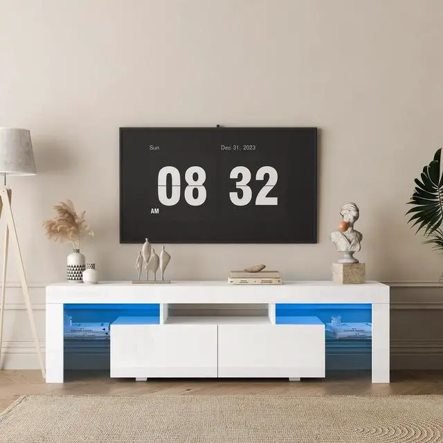 Alt view image 4 of 7 - High gloss TV Stand with LED Lights for TVs up to 65'', Modern TV Console with Storage Cabinets for Living Room