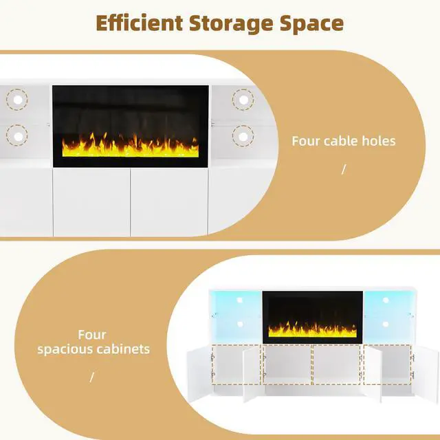 Alt view image 5 of 7 - ON-TREND High Gloss TV Stand with 34.2" Non-heating Electric Fireplace, Modern Entertainment Center with LED Light, Media Console with Tempered Glass Shelves for TVs up to 75", Living Room, White