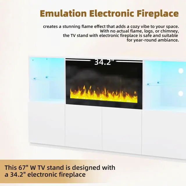 Alt view image 4 of 7 - ON-TREND High Gloss TV Stand with 34.2" Non-heating Electric Fireplace, Modern Entertainment Center with LED Light, Media Console with Tempered Glass Shelves for TVs up to 75", Living Room, White