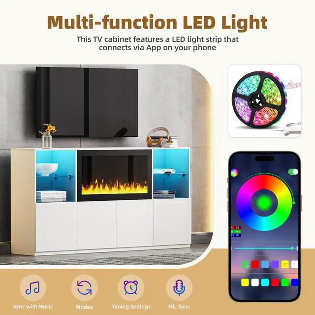 Alt view image 6 of 7 - ON-TREND High Gloss TV Stand with 34.2" Non-heating Electric Fireplace, Modern Entertainment Center with LED Light, Media Console with Tempered Glass Shelves for TVs up to 75", Living Room, White