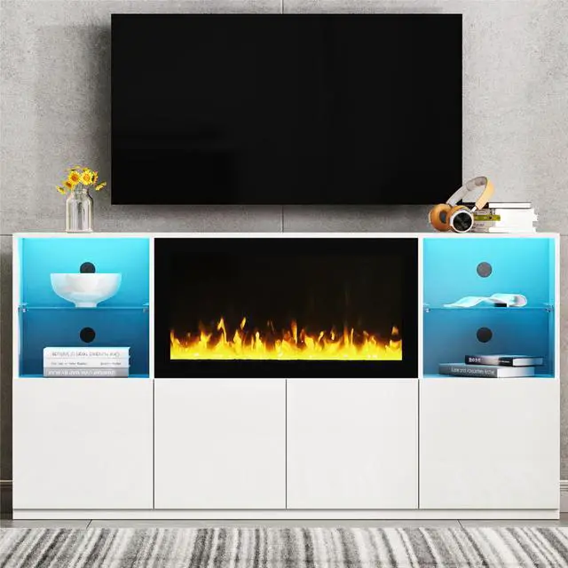 Alt view image 2 of 7 - ON-TREND High Gloss TV Stand with 34.2" Non-heating Electric Fireplace, Modern Entertainment Center with LED Light, Media Console with Tempered Glass Shelves for TVs up to 75", Living Room, White