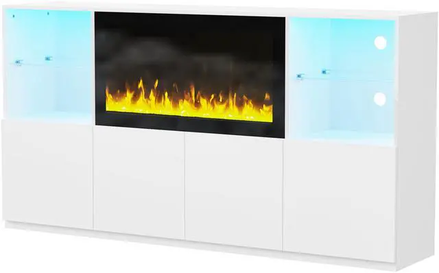 Alt view image 3 of 7 - ON-TREND High Gloss TV Stand with 34.2" Non-heating Electric Fireplace, Modern Entertainment Center with LED Light, Media Console with Tempered Glass Shelves for TVs up to 75", Living Room, White