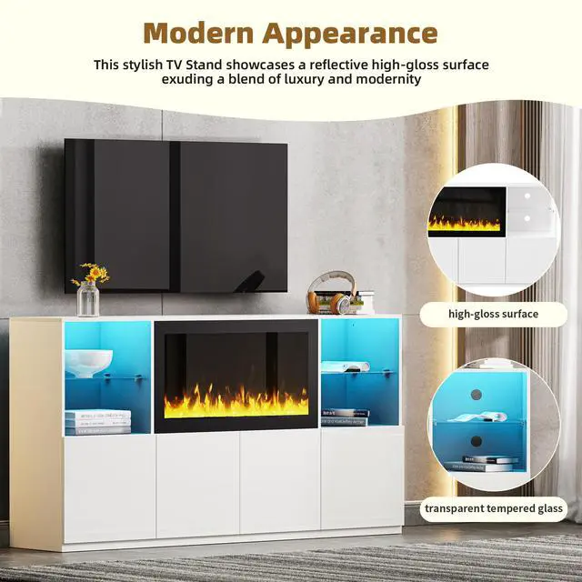 Alt view image 7 of 7 - ON-TREND High Gloss TV Stand with 34.2" Non-heating Electric Fireplace, Modern Entertainment Center with LED Light, Media Console with Tempered Glass Shelves for TVs up to 75", Living Room, White