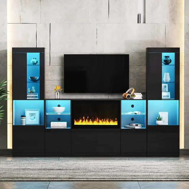 Alt view image 2 of 7 - ON-TREND Modern TV Stand with 34.2" Non-heating Electric Fireplace, High Gloss Entertainment Center with LED Lights, Media Console with Tempered Glass Shelves for TVs up to 75", Black