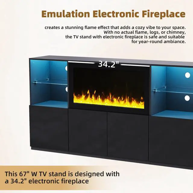Alt view image 3 of 7 - ON-TREND Modern TV Stand with 34.2" Non-heating Electric Fireplace, High Gloss Entertainment Center with LED Lights, Media Console with Tempered Glass Shelves for TVs up to 75", Black