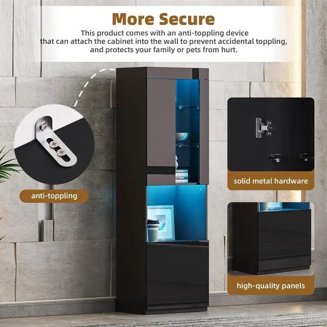 Alt view image 5 of 7 - ON-TREND Modern TV Stand with 34.2" Non-heating Electric Fireplace, High Gloss Entertainment Center with LED Lights, Media Console with Tempered Glass Shelves for TVs up to 75", Black