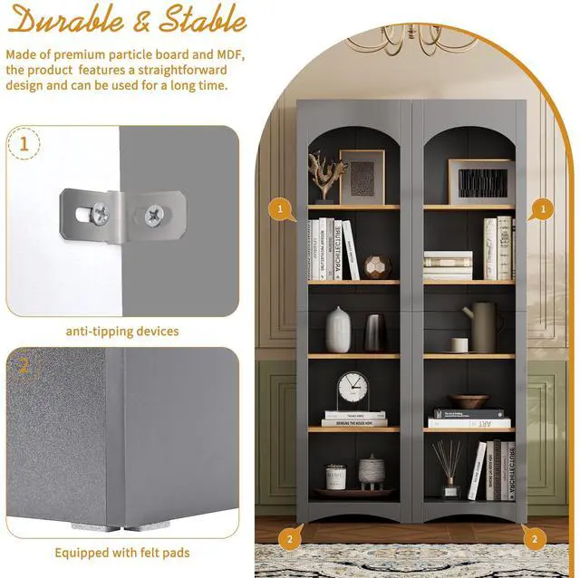 Alt view image 4 of 7 - ON-TREND 3-Piece Farmhouse Entertainment Center with Storage Cabinet for TVs Up to 70", Mid-Century TV Stand with Bookshelf, Rustic Versatile Sideboard with Adjustable Shelves for Living Room, Grey