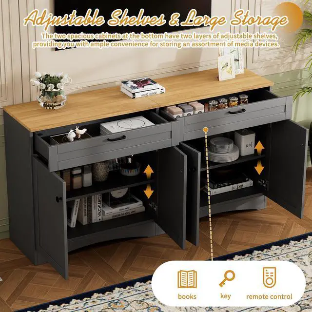 Alt view image 3 of 7 - ON-TREND 3-Piece Farmhouse Entertainment Center with Storage Cabinet for TVs Up to 70", Mid-Century TV Stand with Bookshelf, Rustic Versatile Sideboard with Adjustable Shelves for Living Room, Grey