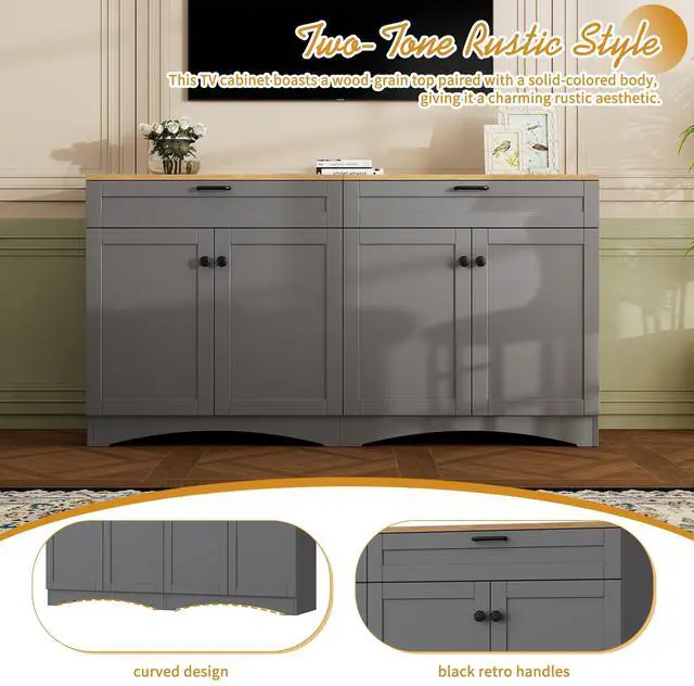 Alt view image 5 of 7 - ON-TREND 3-Piece Farmhouse Entertainment Center with Storage Cabinet for TVs Up to 70", Mid-Century TV Stand with Bookshelf, Rustic Versatile Sideboard with Adjustable Shelves for Living Room, Grey