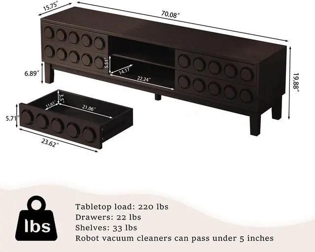 Alt view image 5 of 7 - Modern Mid-Century Media Console with 4 Drawers and Cable Management, TV Console Table for TVs up to 75",Entertainment Center for Living Room and Office(Dark Brown)