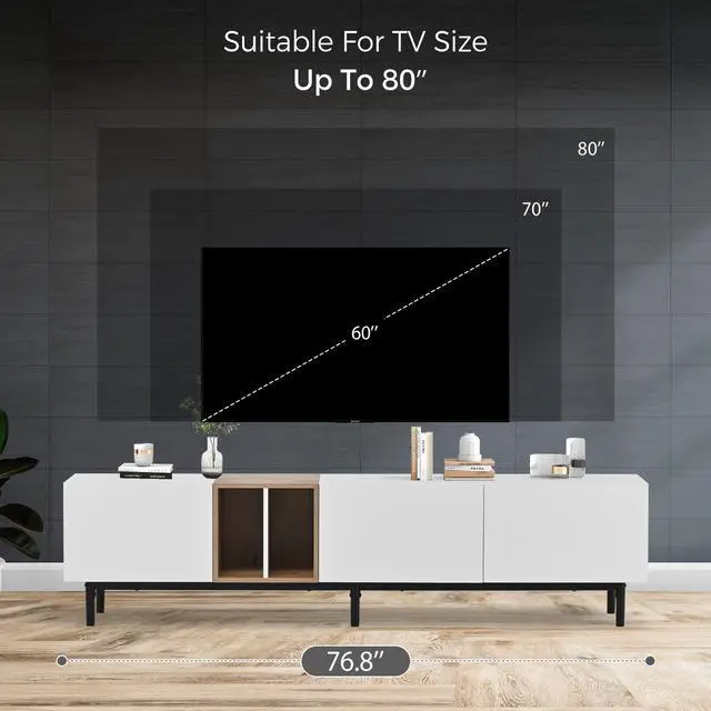 Alt view image 3 of 7 - Modern TV Stand for 80'' TV with 3 Doors, Media Console Table, Entertainment Center with Large Storage Cabinet for Living Room, Bedroom