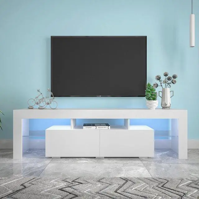 Alt view image 2 of 7 - Modern White TV Stand, 20 Colors LED TV Stand w/Remote Control Lights