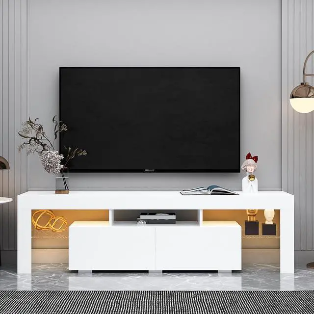 Alt view image 3 of 7 - Modern White TV Stand, 20 Colors LED TV Stand w/Remote Control Lights