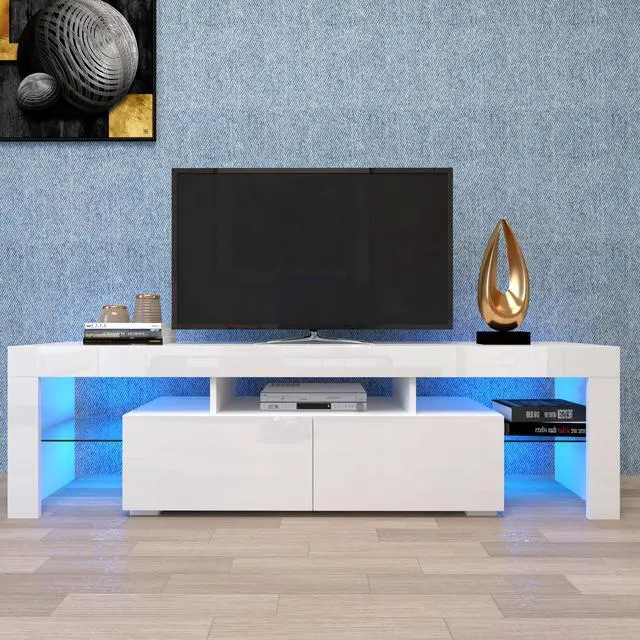 Main image of Modern White TV Stand, 20 Colors LED TV Stand w/Remote Control Lights