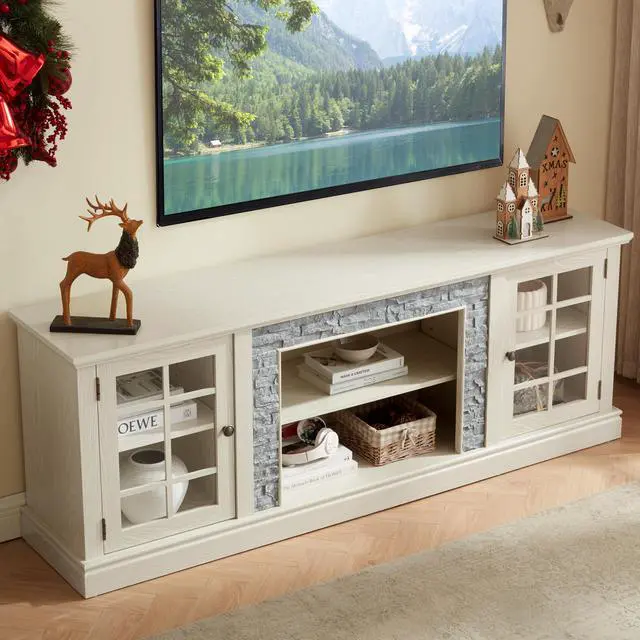 Alt view image 2 of 4 - 70" Modern TV Stand with 2-Door Storage, Faux Stone Media Console Cabinet, White Large Entertainment Center for Living Room