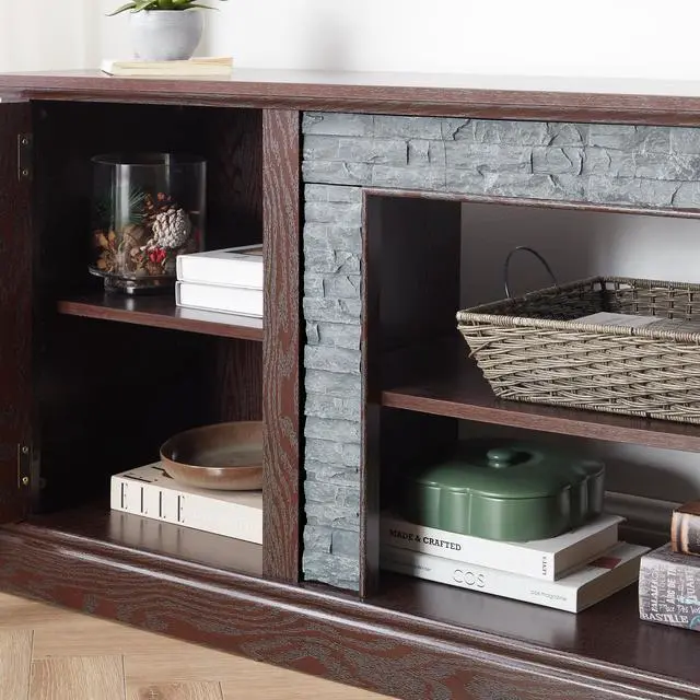 Alt view image 2 of 2 - 70" Modern TV Stand with 2-Door Storage, Faux Stone Media Console Cabinet, Cherry Large Entertainment Center for Living Room