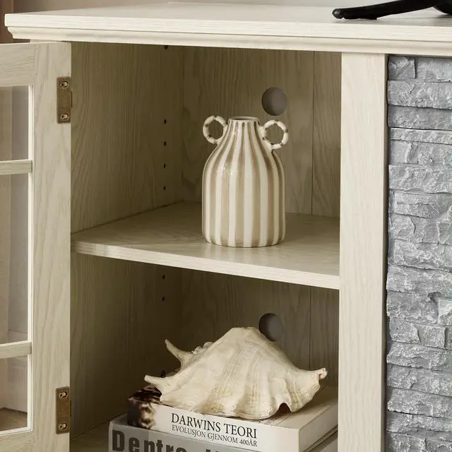 Alt view image 3 of 4 - 70" Modern TV Stand with 2-Door Storage, Faux Stone Media Console Cabinet, White Large Entertainment Center for Living Room