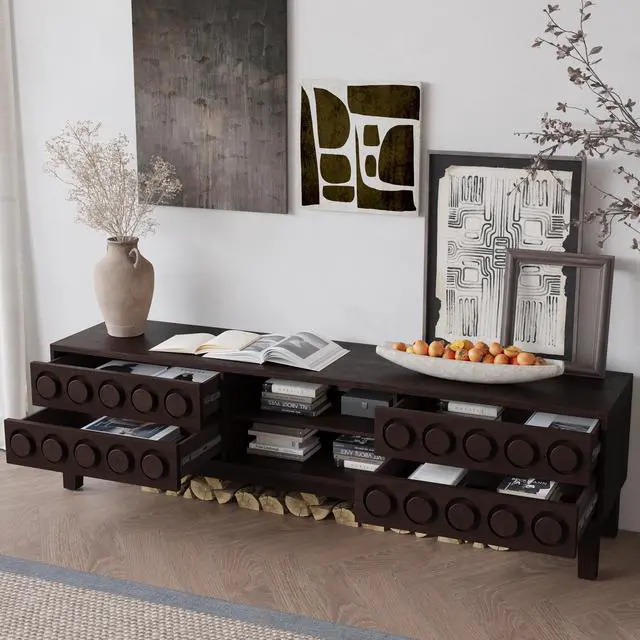 Alt view image 3 of 7 - Modern Mid-Century Media Console with 4 Drawers and Cable Management, TV Console Table for TVs up to 75",Entertainment Center for Living Room and Office(Dark Brown)