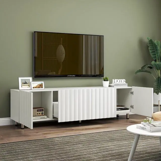 Alt view image 3 of 7 - TV Stand for 65+ Inch TV, Modern TV Stand for Living Room, Entertainment Center with Storage & 2 Drawers, TV Media Console Cabinet for Bedroom, White