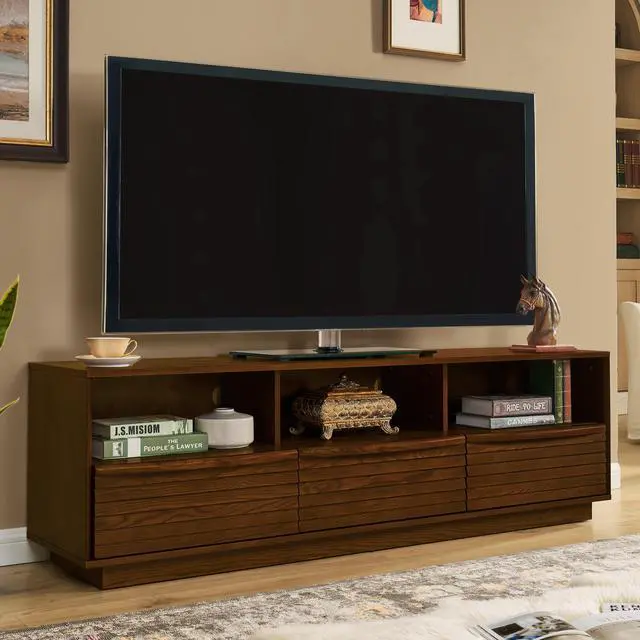 Main image of 63" Mid-Century Modern TV Stand for TVs up to 75", Thick Sturdy Farmhouse Entertainment Cabinet, Media Console for Living Room, Louver Design & Solid Wood Drawers & Outlet Holes, Walnut