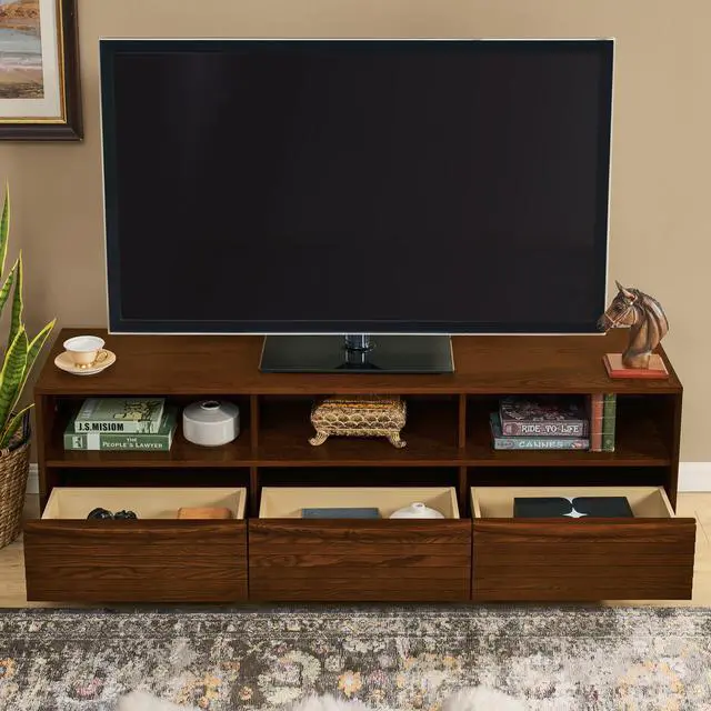 Alt view image 3 of 7 - 63" Mid-Century Modern TV Stand for TVs up to 75", Thick Sturdy Farmhouse Entertainment Cabinet, Media Console for Living Room, Louver Design & Solid Wood Drawers & Outlet Holes, Walnut