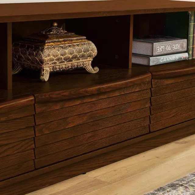 Alt view image 7 of 7 - 63" Mid-Century Modern TV Stand for TVs up to 75", Thick Sturdy Farmhouse Entertainment Cabinet, Media Console for Living Room, Louver Design & Solid Wood Drawers & Outlet Holes, Walnut