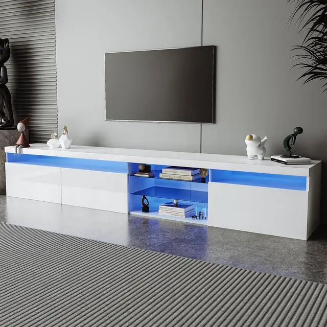 Main image of ON-TREND Unique Design TV Stand with 2 Glass Shelves, Ample Storage Space Media Console for TVs Up to 105", Versatile TV Cabinet with LED Color Changing Lights for Living Room, White