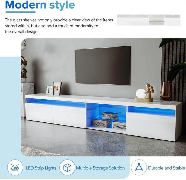 Alt view image 5 of 7 - ON-TREND Unique Design TV Stand with 2 Glass Shelves, Ample Storage Space Media Console for TVs Up to 105", Versatile TV Cabinet with LED Color Changing Lights for Living Room, White
