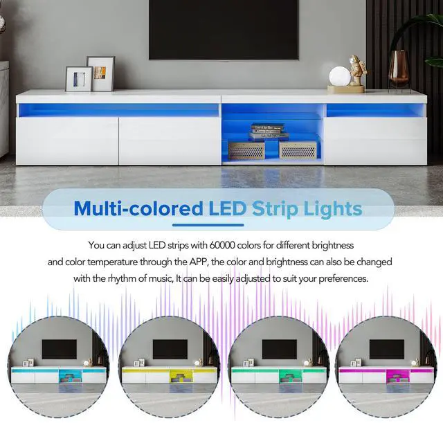 Alt view image 3 of 7 - ON-TREND Unique Design TV Stand with 2 Glass Shelves, Ample Storage Space Media Console for TVs Up to 105", Versatile TV Cabinet with LED Color Changing Lights for Living Room, White