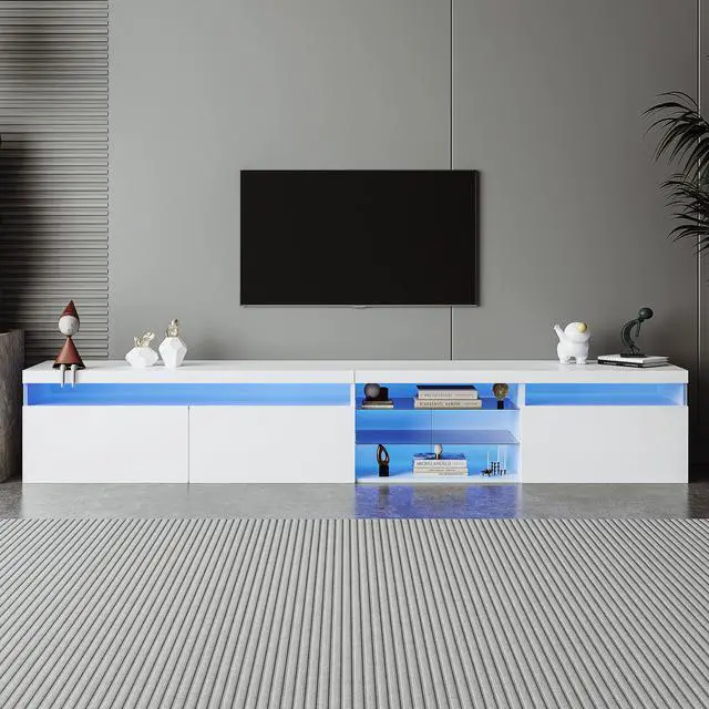 Alt view image 2 of 7 - ON-TREND Unique Design TV Stand with 2 Glass Shelves, Ample Storage Space Media Console for TVs Up to 105", Versatile TV Cabinet with LED Color Changing Lights for Living Room, White