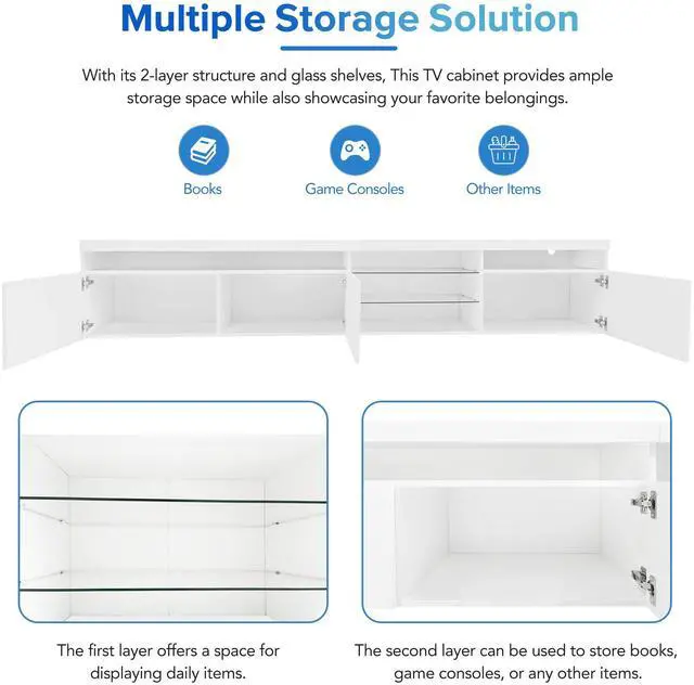 Alt view image 6 of 7 - ON-TREND Unique Design TV Stand with 2 Glass Shelves, Ample Storage Space Media Console for TVs Up to 105", Versatile TV Cabinet with LED Color Changing Lights for Living Room, White