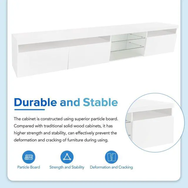 Alt view image 7 of 7 - ON-TREND Unique Design TV Stand with 2 Glass Shelves, Ample Storage Space Media Console for TVs Up to 105", Versatile TV Cabinet with LED Color Changing Lights for Living Room, White