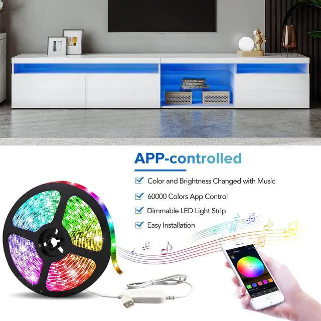 Alt view image 4 of 7 - ON-TREND Unique Design TV Stand with 2 Glass Shelves, Ample Storage Space Media Console for TVs Up to 105", Versatile TV Cabinet with LED Color Changing Lights for Living Room, White