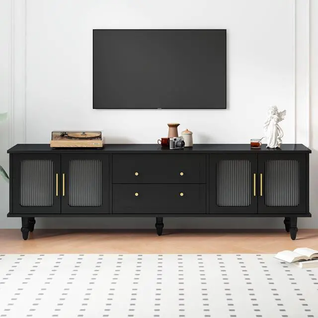 Alt view image 2 of 7 - ON-TREND Retro Design TV Stand with Fluted Glass Doors for TVs Up to 78'', Practical Media Console with 2 Drawers and Cabinets, Elegant Entertainment Center for Living Room, Black
