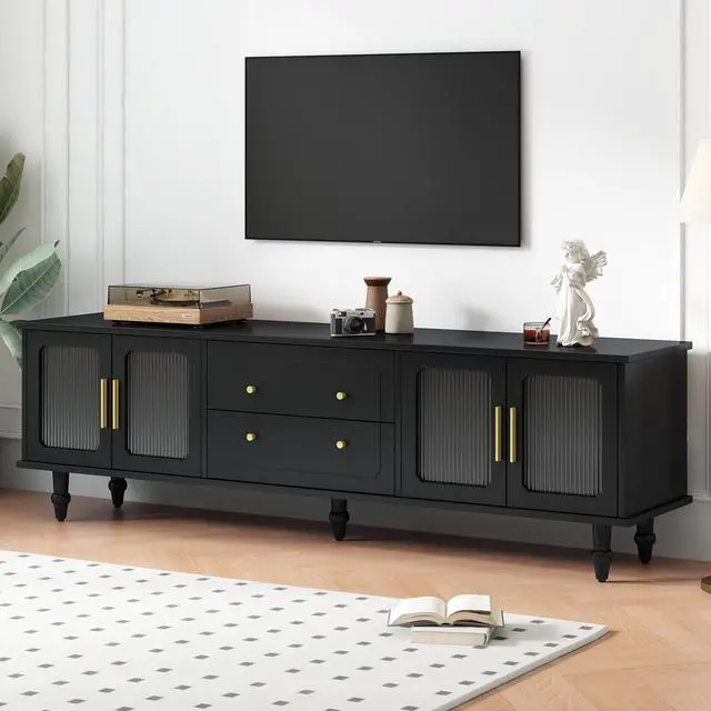 Main image of ON-TREND Retro Design TV Stand with Fluted Glass Doors for TVs Up to 78'', Practical Media Console with 2 Drawers and Cabinets, Elegant Entertainment Center for Living Room, Black