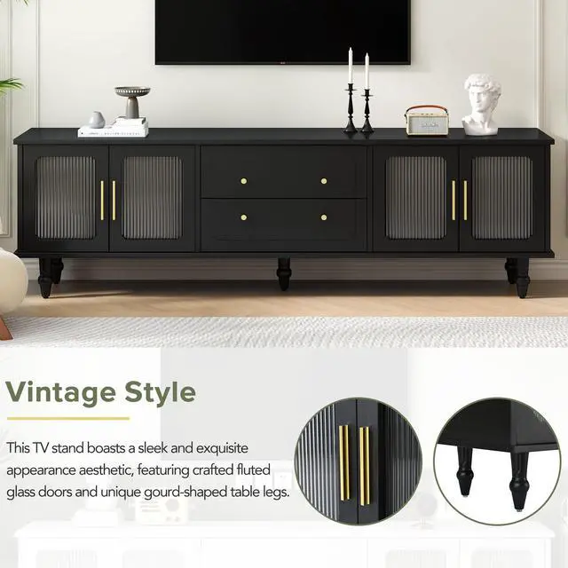 Alt view image 4 of 7 - ON-TREND Retro Design TV Stand with Fluted Glass Doors for TVs Up to 78'', Practical Media Console with 2 Drawers and Cabinets, Elegant Entertainment Center for Living Room, Black