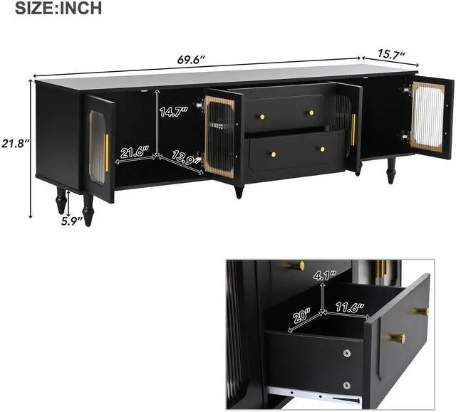 Alt view image 7 of 7 - ON-TREND Retro Design TV Stand with Fluted Glass Doors for TVs Up to 78'', Practical Media Console with 2 Drawers and Cabinets, Elegant Entertainment Center for Living Room, Black