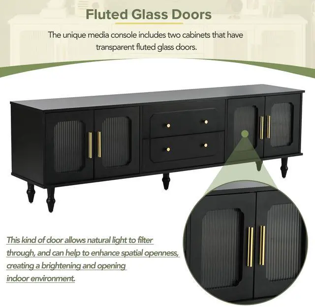 Alt view image 3 of 7 - ON-TREND Retro Design TV Stand with Fluted Glass Doors for TVs Up to 78'', Practical Media Console with 2 Drawers and Cabinets, Elegant Entertainment Center for Living Room, Black